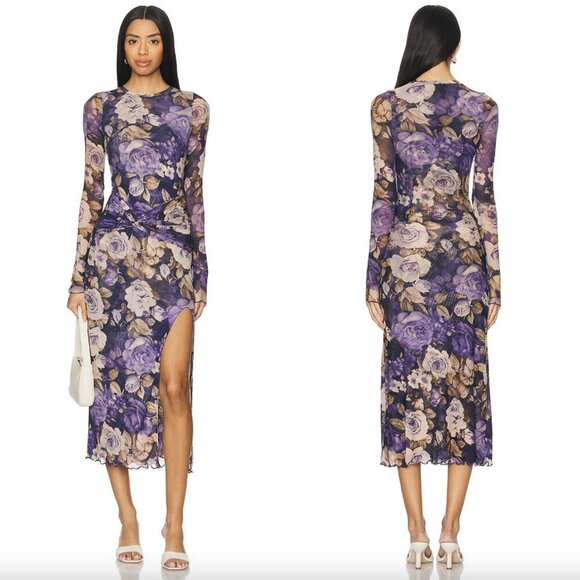Free People Purple Moody Floral Gianni Mesh Long Sleeve Drape Waist Midi Dress - Picture 6 of 6